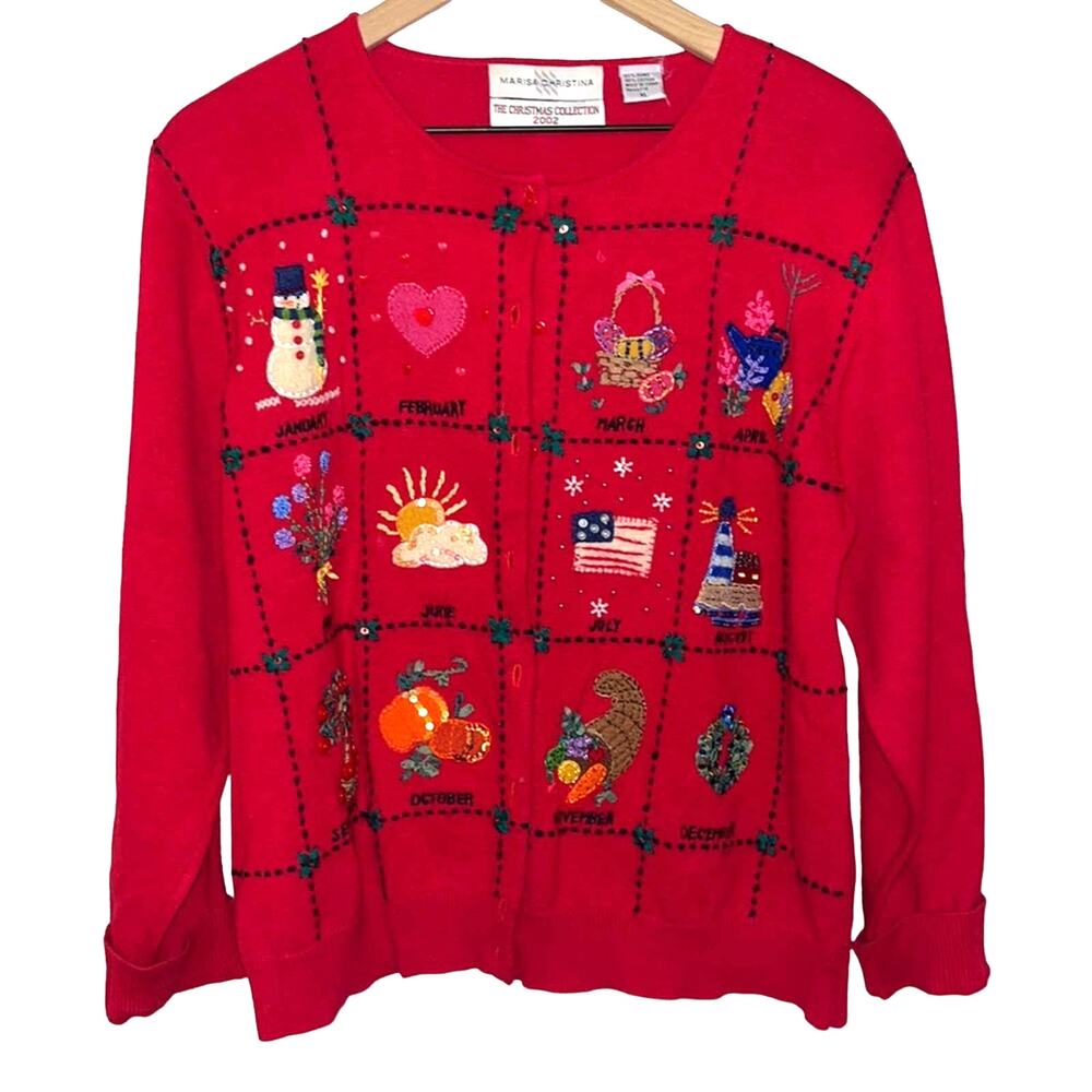 Vtg Womens Christmas Sweater XL Festive Cardigan Red Snowman Holidays Teacher